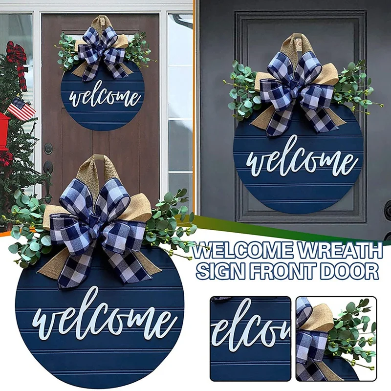 

12inch Welcome Wreath for Front Door, Round Wood Hanging Sign With Ribbon Bow & Artificial Green Leaves, Farmhouse Decor