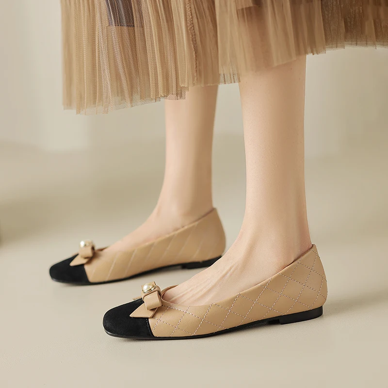 Sweet Comfortable Soft Flats Girls Cow Leather Shoes Summer 2023 Argyle Patchwork Size 34-40 Square Toes Casual Daily Footwear