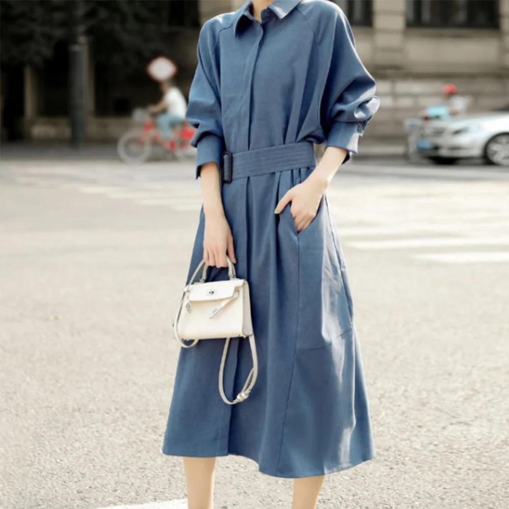 

Dress Women Elegant 2022 Spring New Turndown Collar Single-breasted High Waist Solid Color With Belt Shirt Dress Temperamet