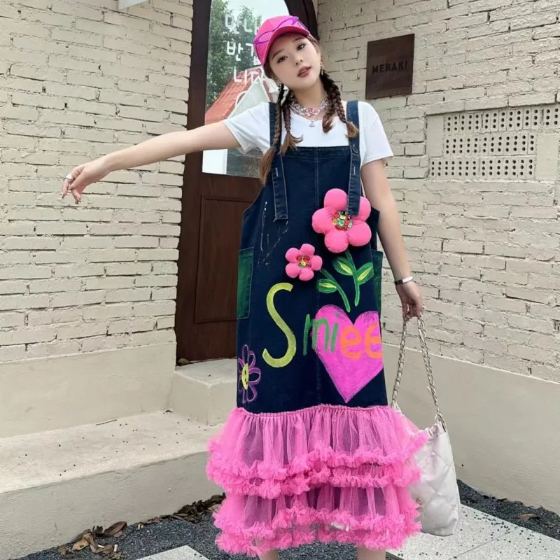 Женское джинсовое платье на бретельках голубое или розовое длинное Сетчатое из