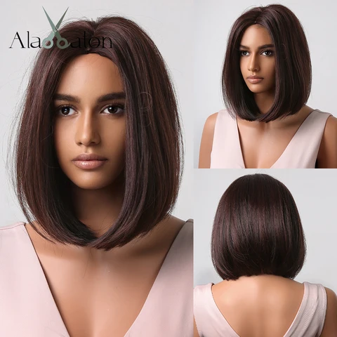 Синтетические парики ALAN EATON короткий боб для чернокожих женщин афро средней части прямые темные коричневые волосы парик термостойкие волосы