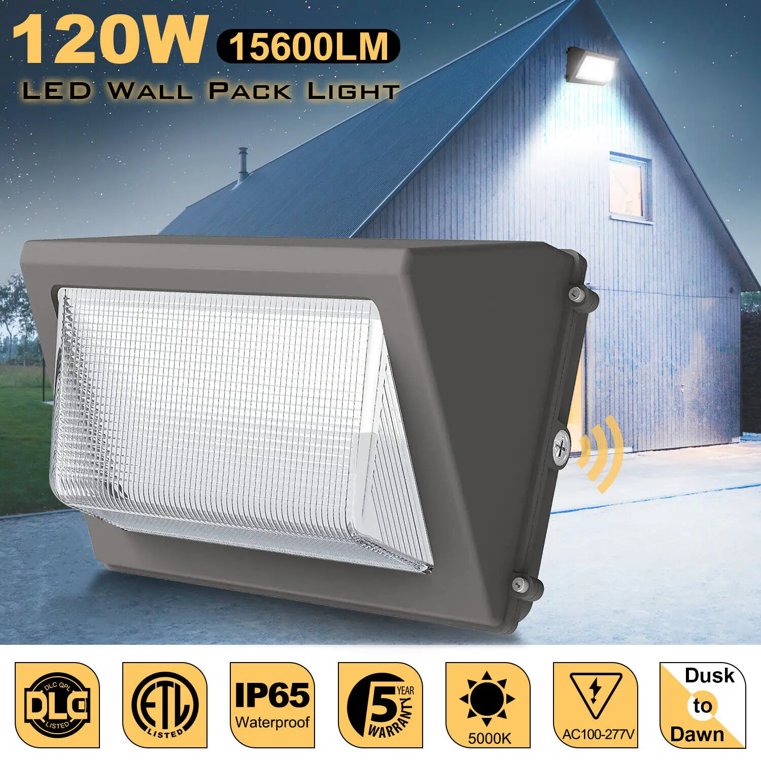 

120W LED Wall Pack with Photocell Outdoor ETL 120-277V 5000K 15600LM IP65 Wallpack Glass Cover Waterproof Dusk to Dawn Lighting