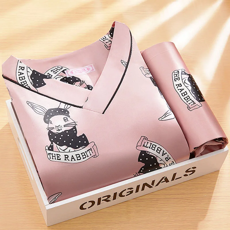 

Summer New 2021 Ice Silk Pajamas Women's Short-sleeved Silk Simulation Silk Cartoon Fashion Home Clothes Women's Outerwear Suit