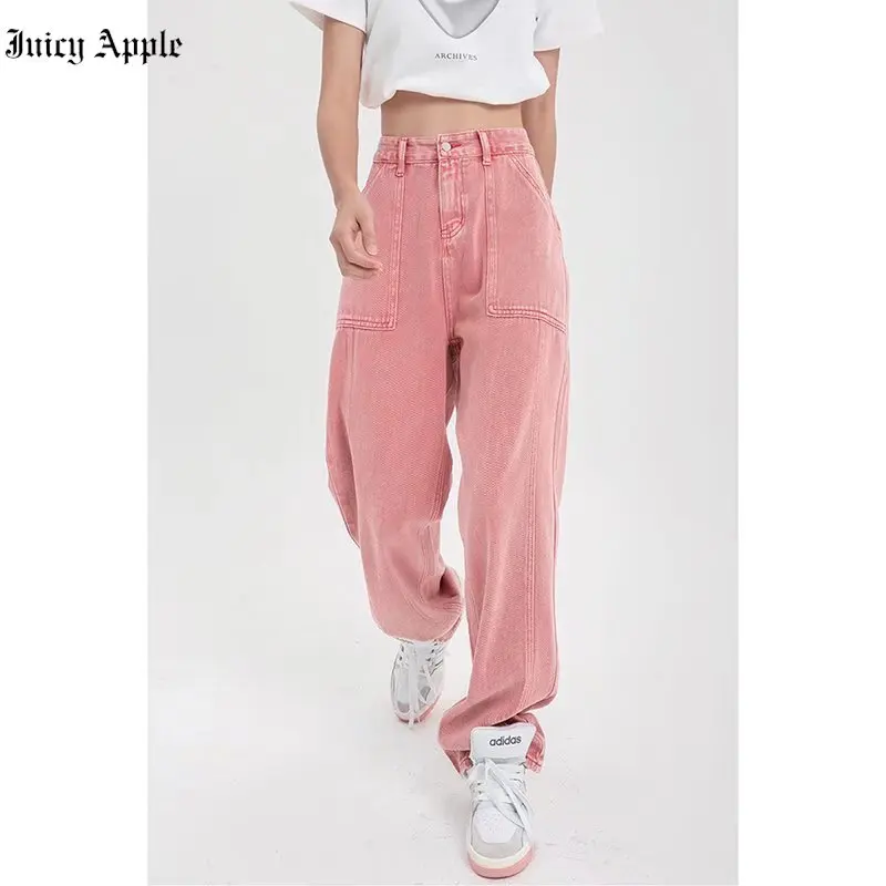 Juicy Apple Women Jeans Vintage y2k High Waist Streetwear Fashion Summer Loose Straight Jean Pants Baggy Wide Leg Denim Trousers