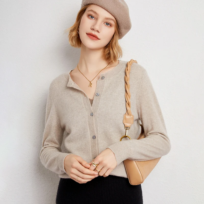 New 100% Pure Wool Spring And Autumn Round Neck Knitted Cardigan Women Loose Jacket Solid Color Versatile Bottoming Top