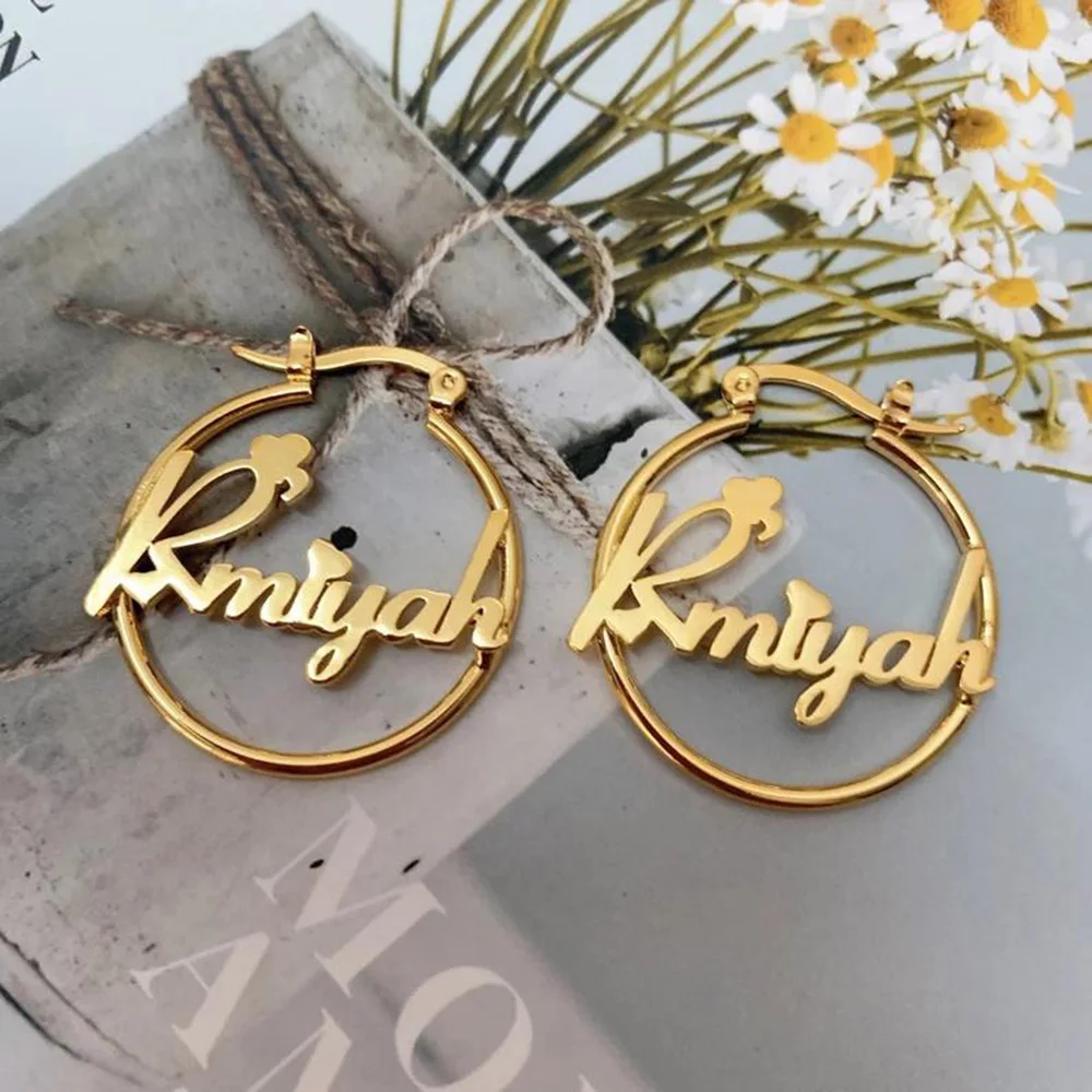 Custom Name Hoop Earrings Personalized Letter Nameplate Circle Earring Gold Color Stainless Steel Jewelry For Women Gift