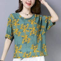 cotton and linen womens t shirt womens short sleeved loose thin large size casual shirt korean summer thin floral top trendy