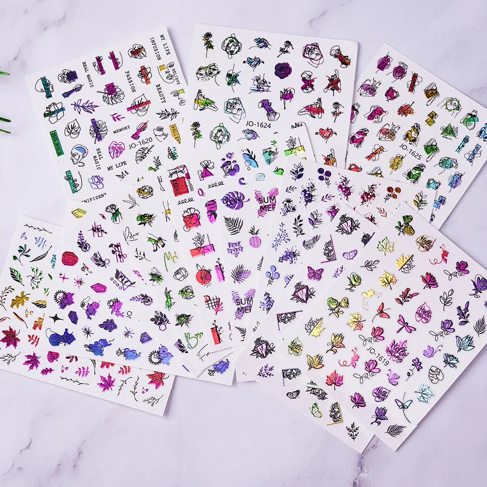 

3D Colorful Flower Leaves Nail Stickers Set Abstract Geometry Line Nails Decals Self-Adhesive Leaf Slider Nail Art Decorations