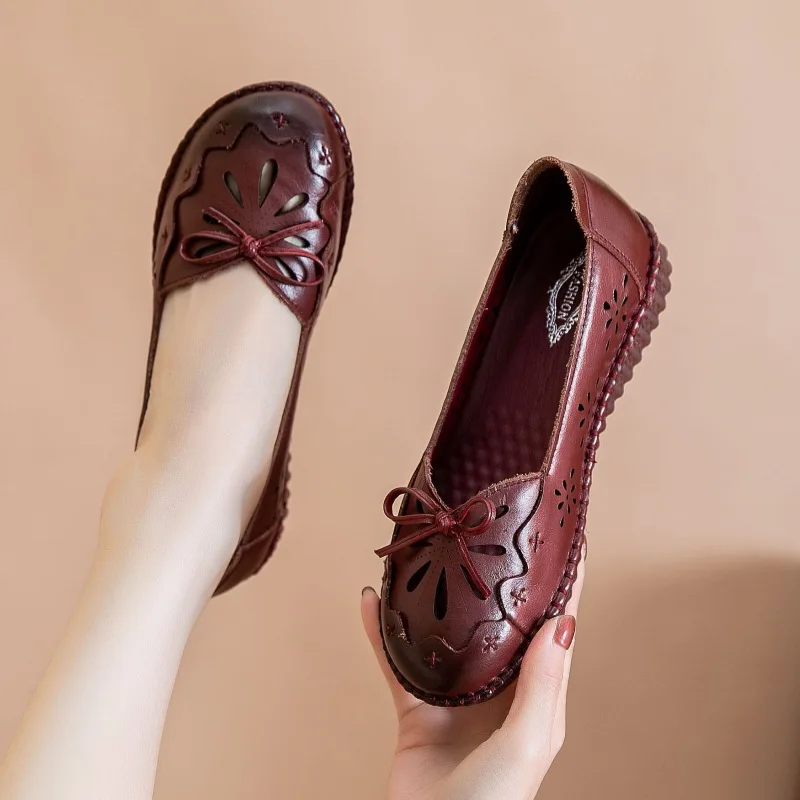 Luxury Genuine Leather Ballet Flats Women's Loafers Dressy Fed Flats Mocasines Mujer Woman Flat Hollow Shoes With Slip On Bow
