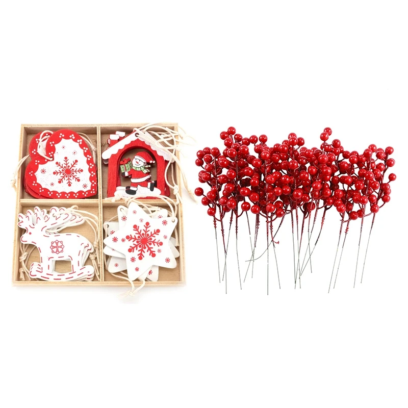 

1 Набор деревянных игрушек для рождественской елки и 1 набор 8 дюймов искусственные рождественские красные ягоды стебли