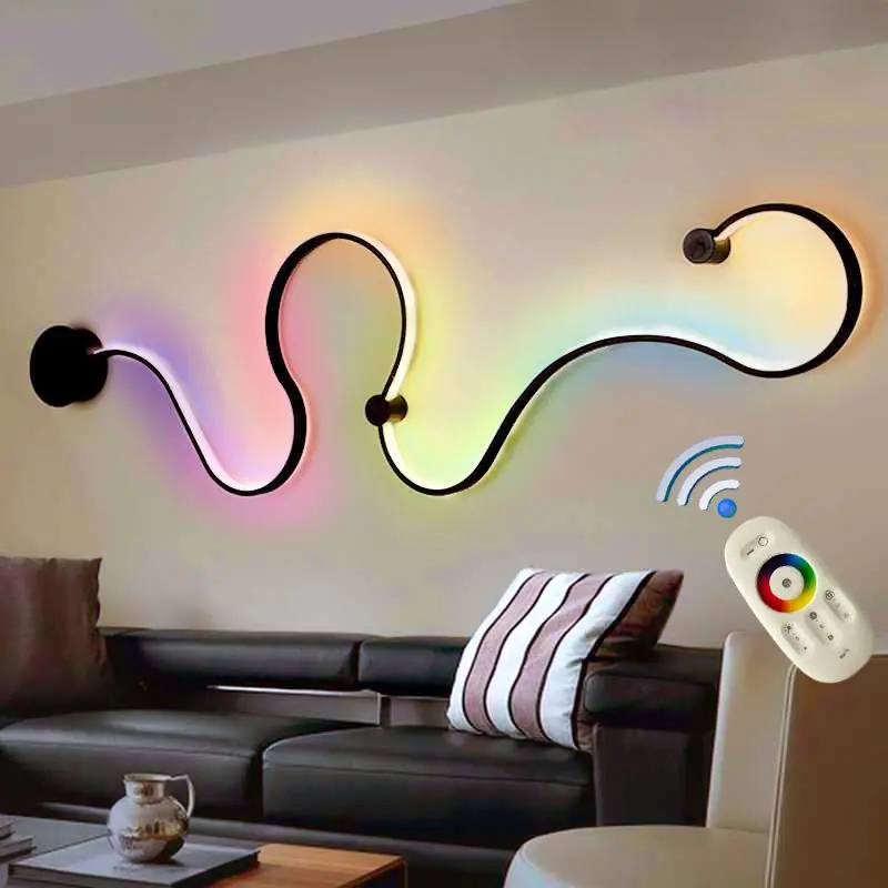 Modern Rgb Led Wall Lamp Remote Control Stairs Bedroom Lamps Colorful Ceiling Sconce S-Shaped Aluminium Aisle Lights Room Decor