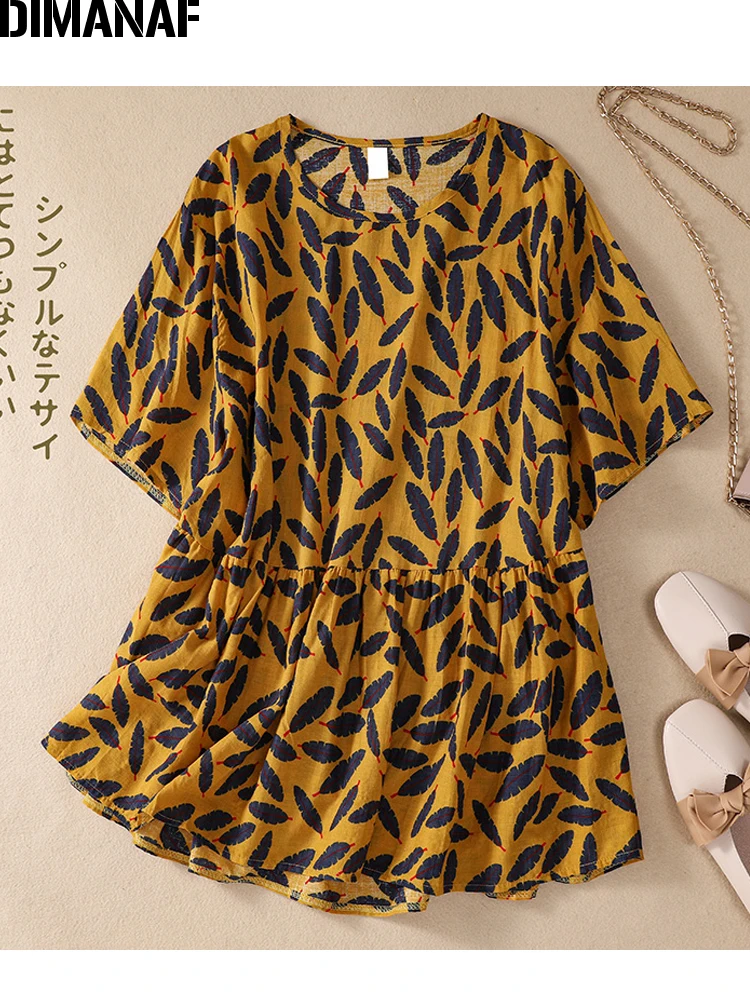

DIMANAF 2022 Summer Casual T-Shirts Women Blouses Shirts Cotton Linen Print Floral Vintage Lady Tops Tunic Tees Oversize Loose