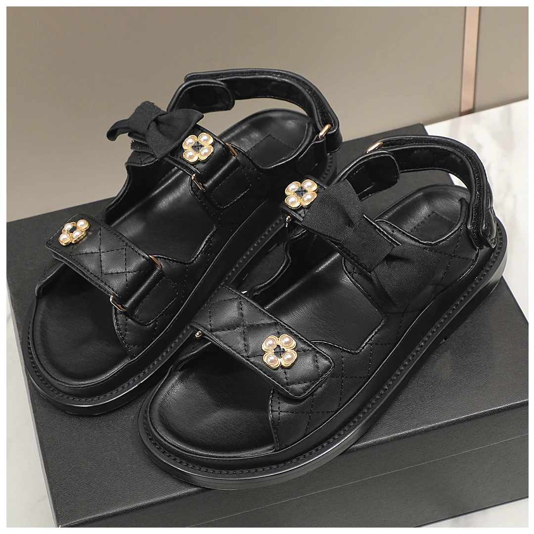 

Women's Sandals Summer 2023 Genuine Leather Ladies Shoes High Quality Sweet Style Bowknot Flower Hardware Hook&Loop Sandals