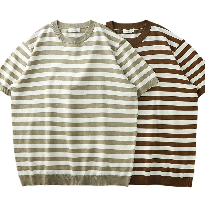 

2023 Summer Men's Ice Silk Stripe T-shirts Men Short Sleeve Round Neck T Shirt Male Casual Knitting Fitness Tee Tops R35