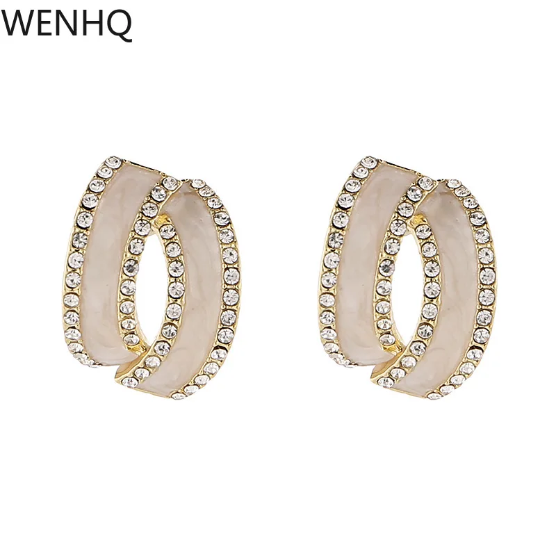 

New Retro Enamel Stud Clip on Earrings Geometric Gold Color Rhinestone Mosquito Coil Ear Clip Female Party Wedding Charm Jewelry