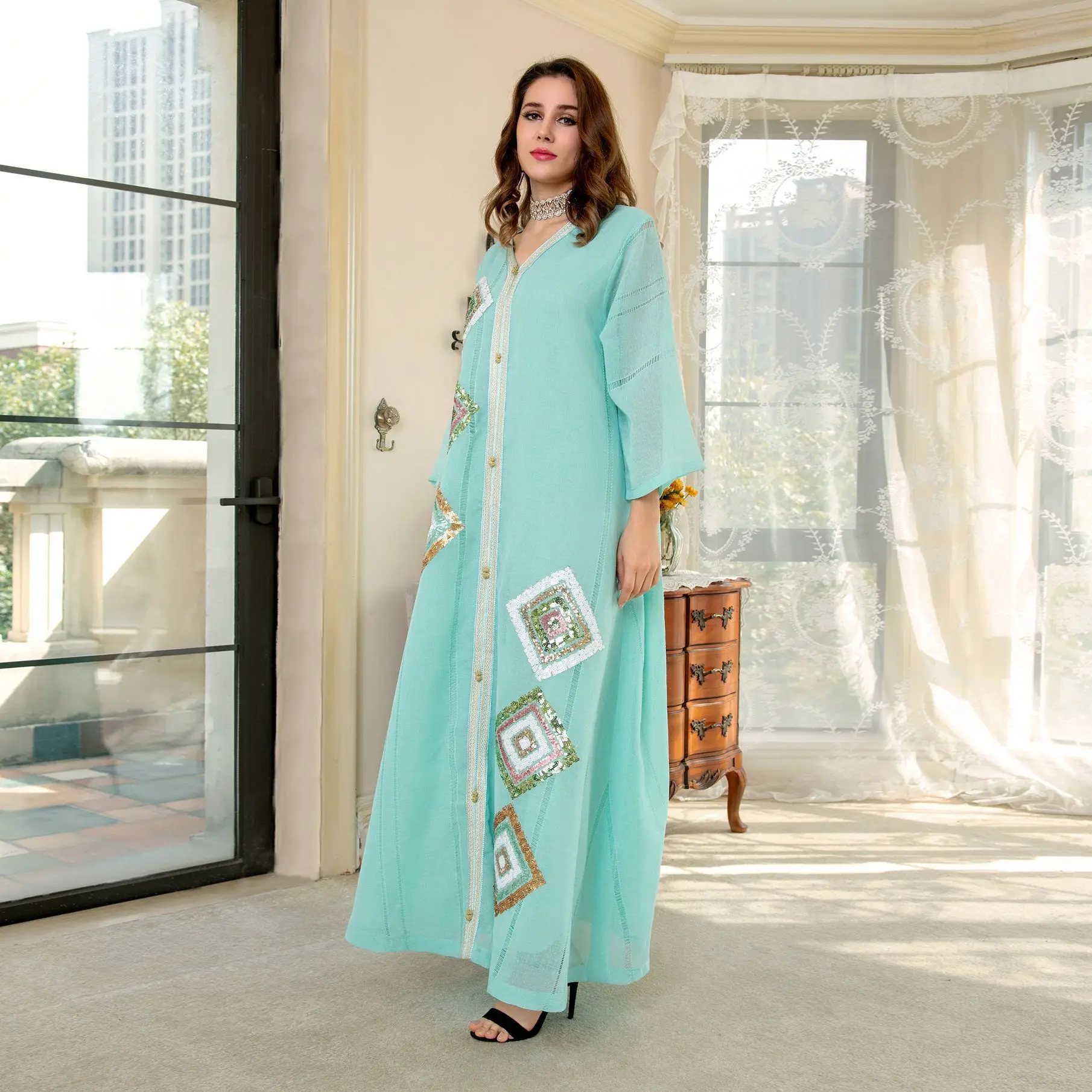 Ab185 Sweet Party Muslim Abaya Cotton and Linen Temperament Four Sides Sequin Embroidery Flower Skirt Loose Version Fashion Gown