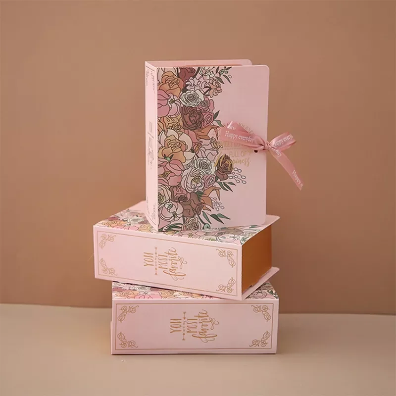 

New Candy Box Book Shape Design Gift Packaging Boxes of Flower Pattern Printing Wedding Birthday Favors Boxes with Ribbon
