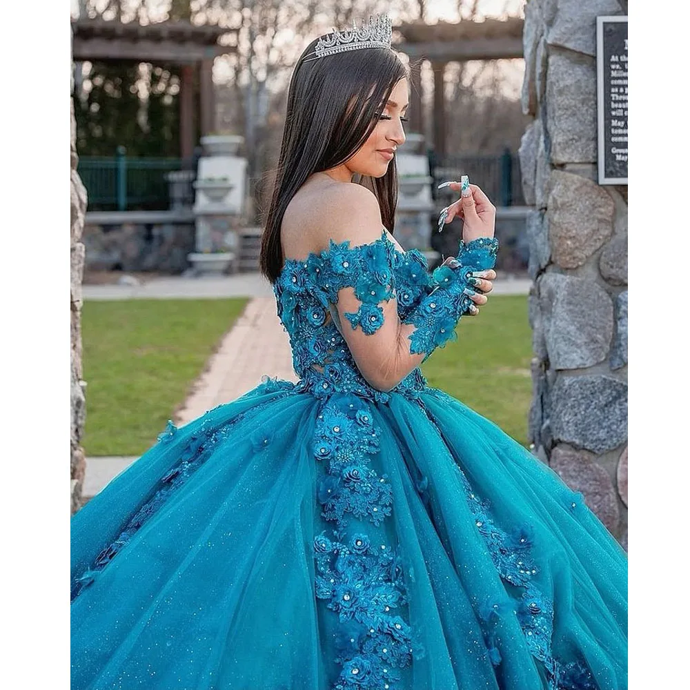 

Princess Quinceanera Dresses 2022 Lace Applique Sweet 16 Dress Long Sleeves vestidos de 15 Ball Gown Prom Gowns