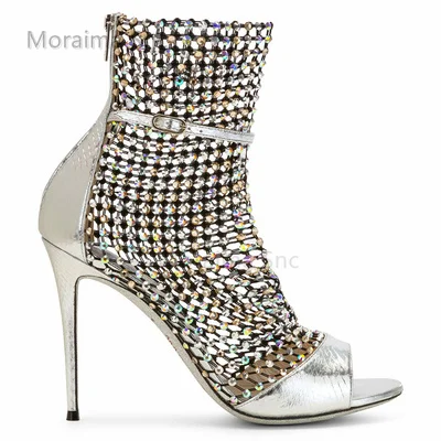 Peep Toe Mesh Sandals Boots Stiletto Women's Summer 2023 New Rhinestone Hollowed Out High Heels Ankle Boots Party Shoes Female