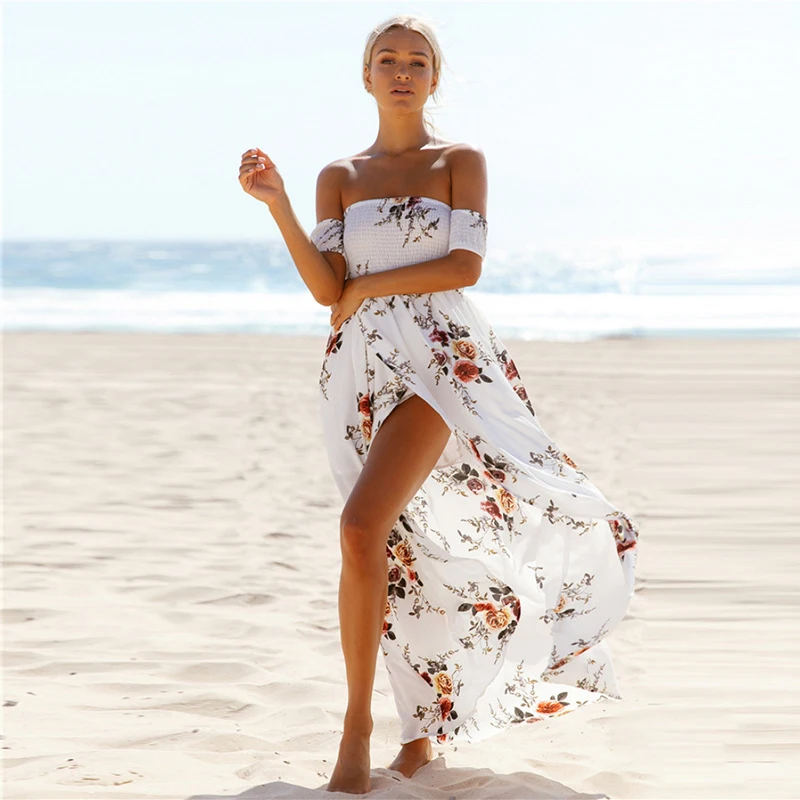 

2019New European and American Sexy off-Neck Strapless High Waist Slit Dress Beach Seaside Holiday Dress for Women Summer
