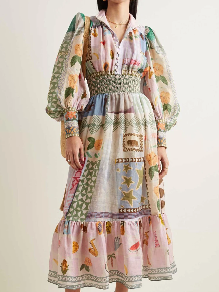 

100% Ramie 2022 Women Lantern Sleeve Summer Vacation Holiday Abstract-print Maxi Dress Brand Dress Alema