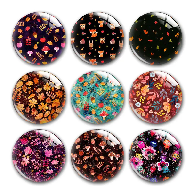 

Hello Fall Autumn Leaves Flower Thanksgiving Round Photo Glass Cabochon Demo Flat Back DIY Jewelry Making Supplies Snap Button