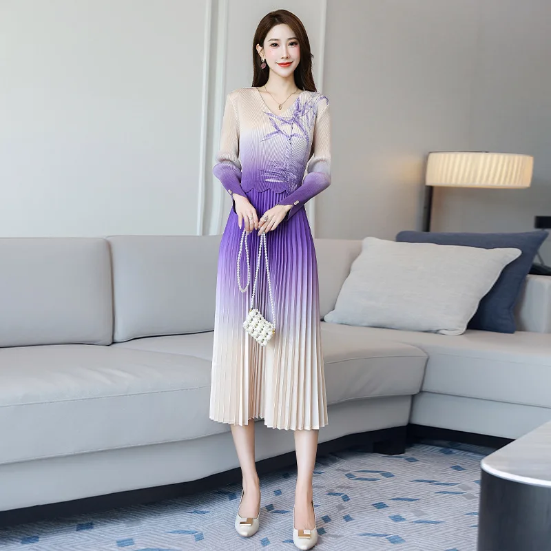 

Женское плиссированное платье миаке, элегантное платье средней длины составного кроя с принтом и V-образным вырезом, модное элегантное закрывающее платье с длинным рукавом, 2023