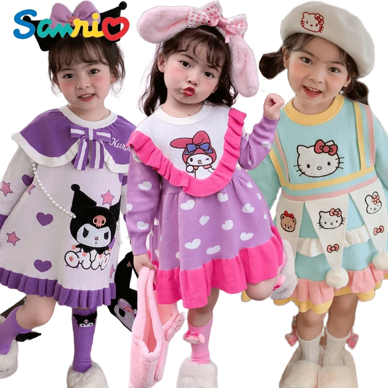 

Anime Sanrios Hellokittys My Melody Kuromi Autumn Winter Cute Girl Dress Fur Ball Color Matching Kids Knitted Long-Sleeved Skirt