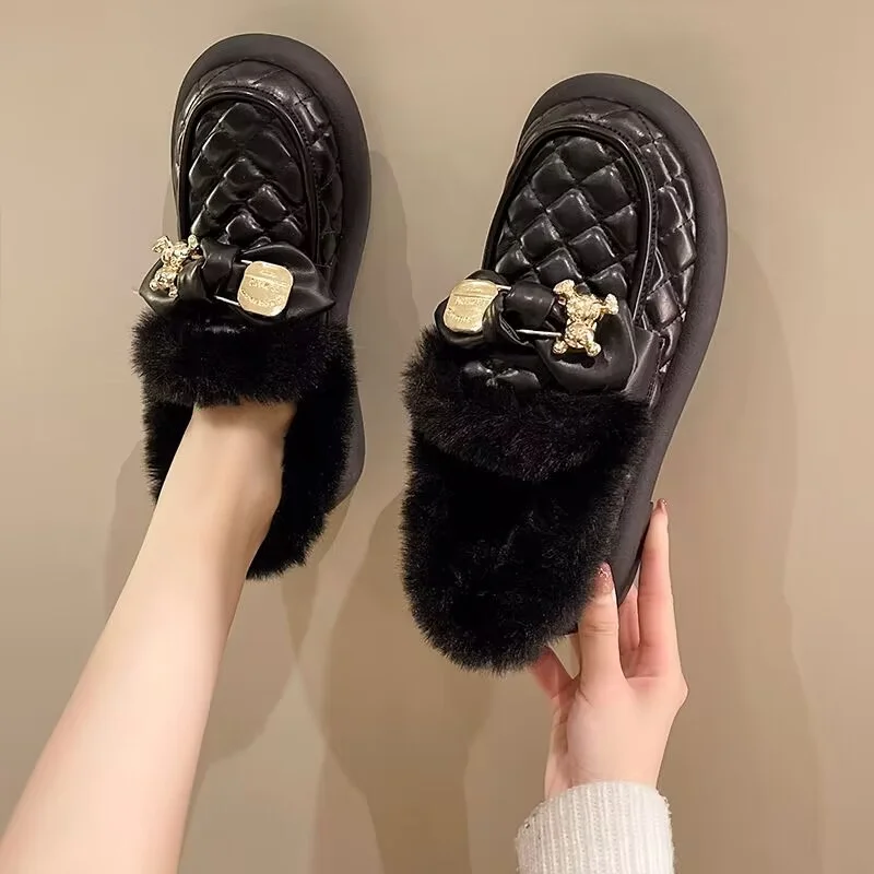 

Flat-bottom butterfly decorated winter with fleece warm fox hair boots Handmade custom fur one-piece boots women's 35-40