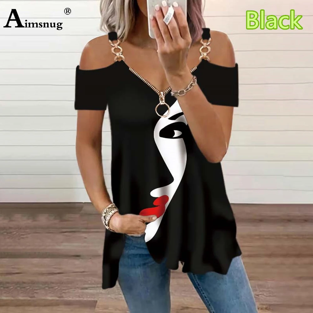 Ladies Elegant Fashion Metal Strappy T Shirt Women's Gothic Avatar Print Tops Clothing 2022 Summer New Tees Femme Pullovers