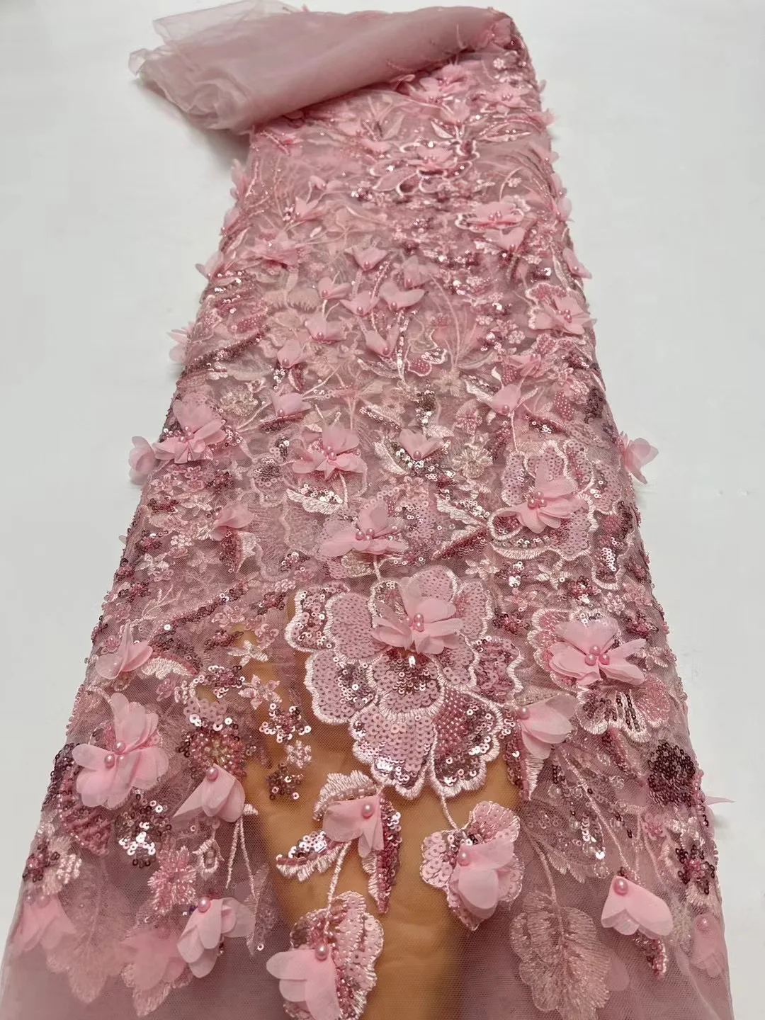 Новейшая французская кружевная ткань 2024 с 3D вышивкой цветочными блестками