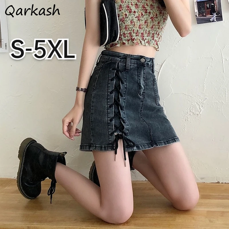 

Denim Skirts Women Bandage Mini Solid Vintage High Waist Design All-match Summer Chic Y2K Clothes Sweet Lovely Girls Fashion