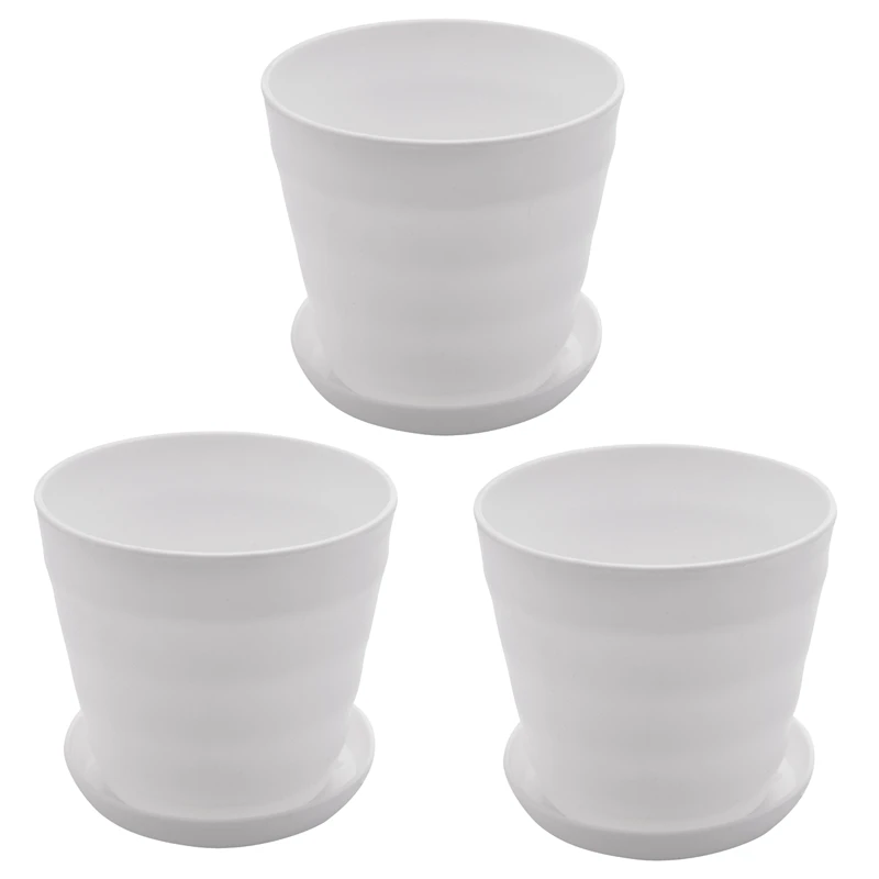 

3X Plastic Round Flower Plant Pot Planter Holder With Tray Home Office Garden Decor White