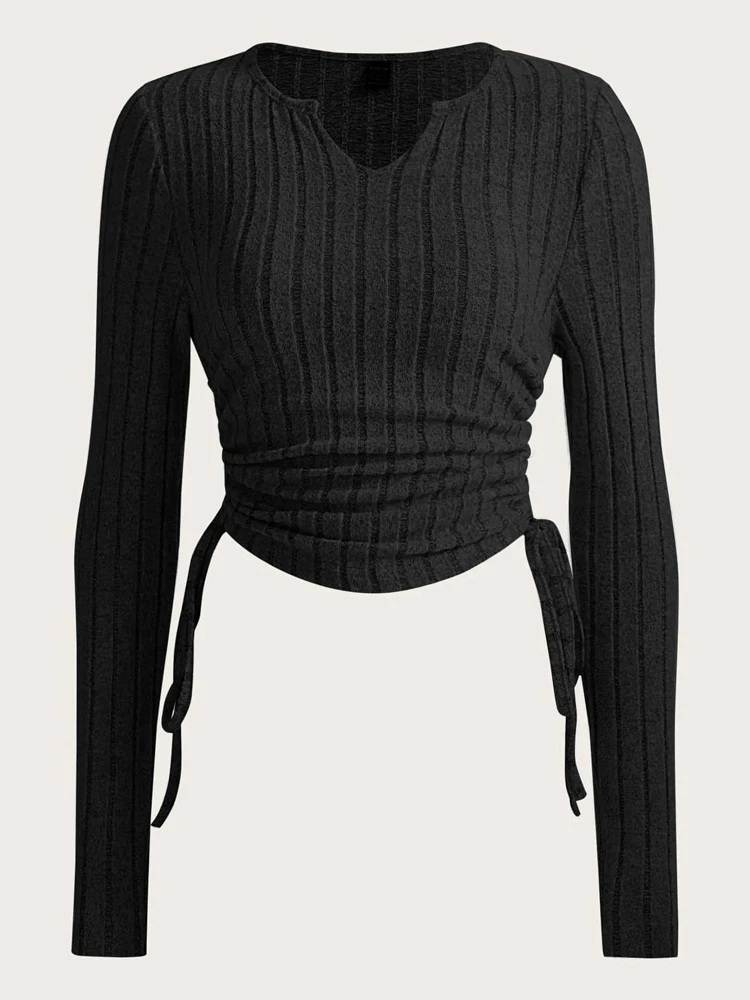 

Women Notched Neck Drawstring Side Tee Pitted Fabric Rib-knit Crop Tee Long Sleeve Slim Shirts Tops Elastic Basic Stretch Casual