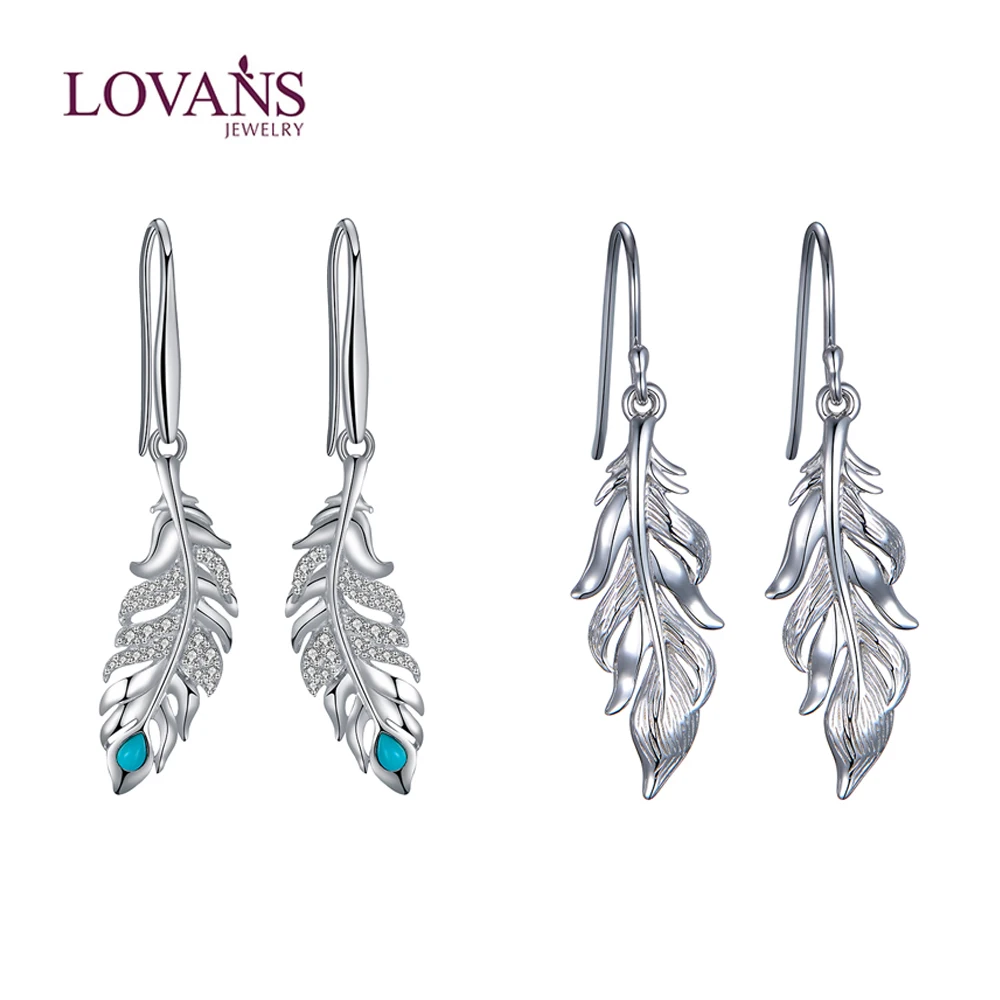 

LOVANS 2022 S925 Silver Earrings For Women Feather Drop Earring Turquoise Dangle Ear Fine Jewelry Female Girls Gift