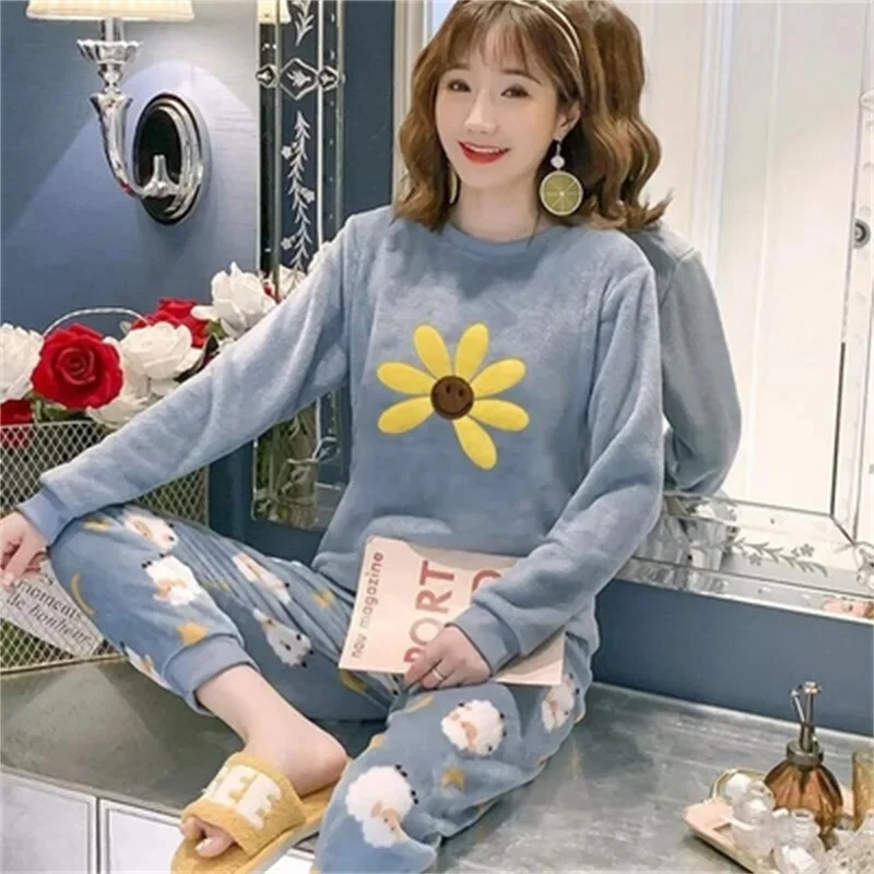 Cartoon Pajamas Set Casual Sleepwear For Women Sweet Pyjama Women's Warm Soft Winter 2022 Fashion Homewear Plus Size