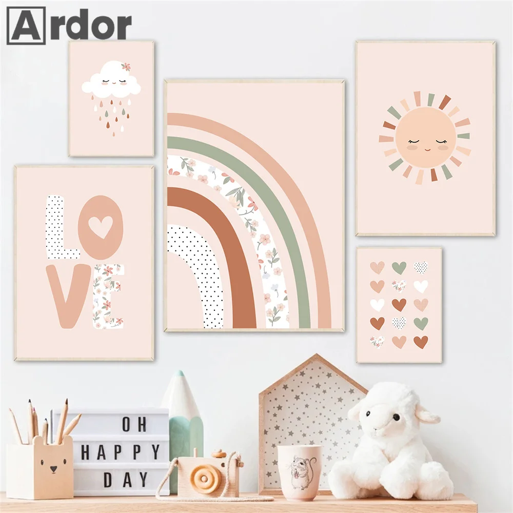 Мультфильм Радужные цветы Солнце Облако Любовь Сердце Настенная живопись Холст