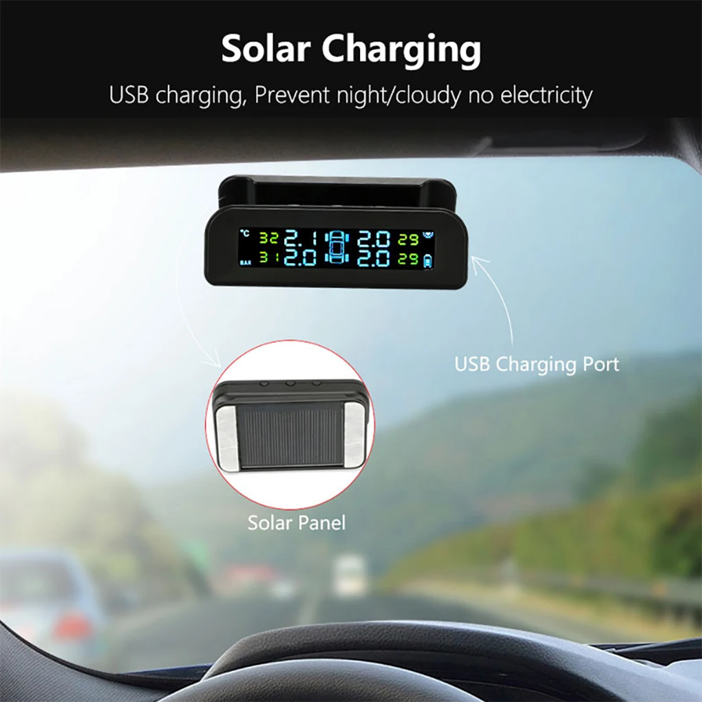 

Car Tire Pressure Monitor Wireless Solar Charging Temperature Detector