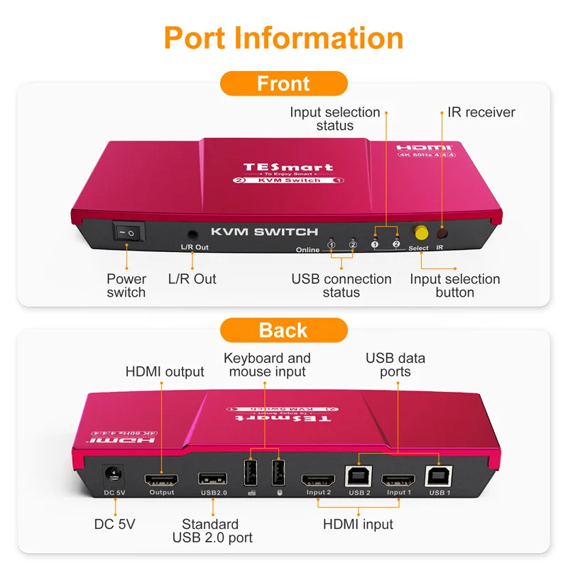 TESmart KVM Switches on sale 2 input 1output With EDID HDCP 2.2 Audio output 4K@60Hz HDMI KVM switch