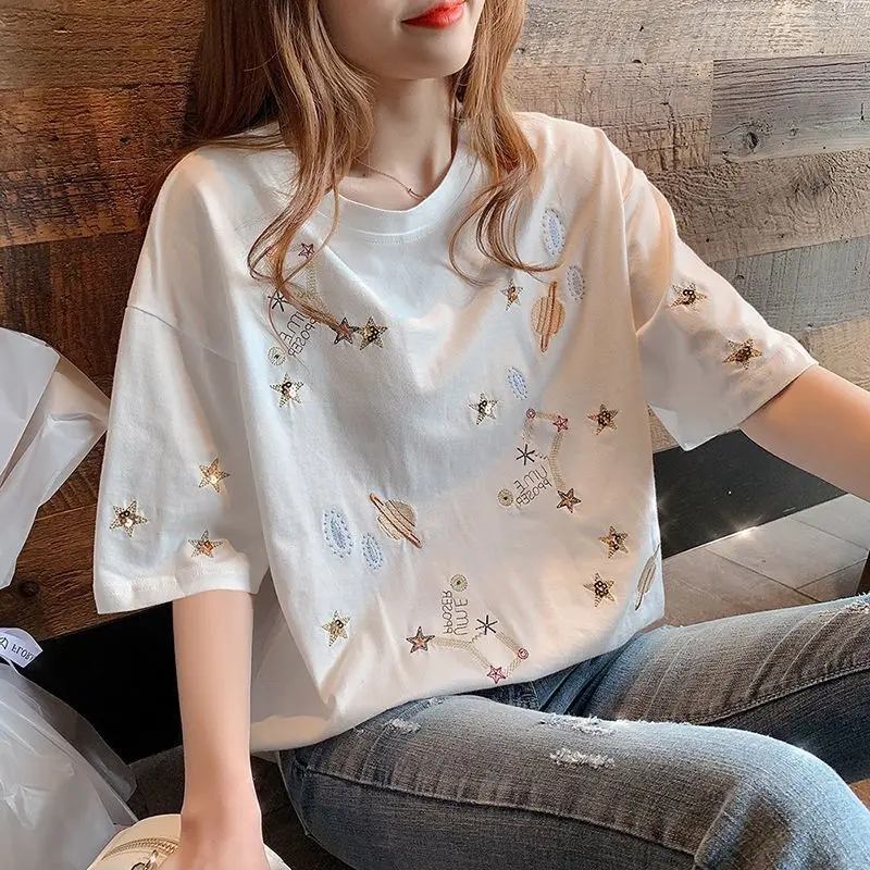Cotton Heavy Industry Embroidery Niche T-shirt Female Japanese Short-sleeved 2022 Summer New Loose Sequin Half-sleeve Top Couple