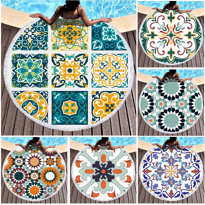 Mandala Collection Round Beach Towel with Fringe Beach Towel Turkish
Beach Towel Bath Towels for Adults Set Quick-Dry 150x150cm