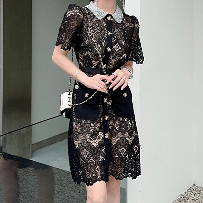 

Элегантное Черное Кружевное женское платье, однобортное летнее платье 2023 с отложным воротником, женское платье с вырезами, женское платье