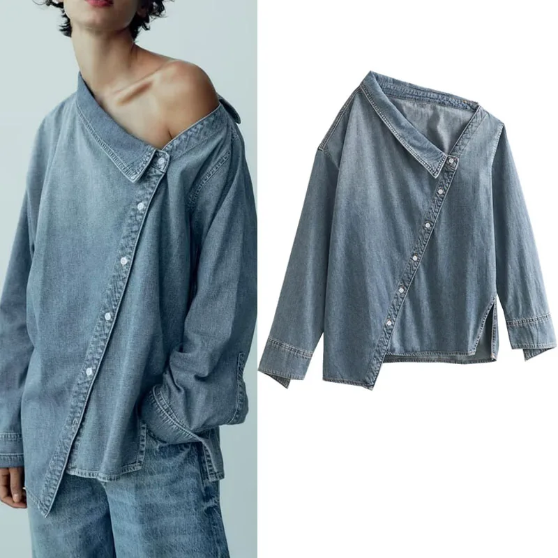 

TRAF Front Button Denim Shirt For Women Autumn Asymmetric Neck Long Sleeves Blouses Off Shoulders Loose Tops Female Clothes New
