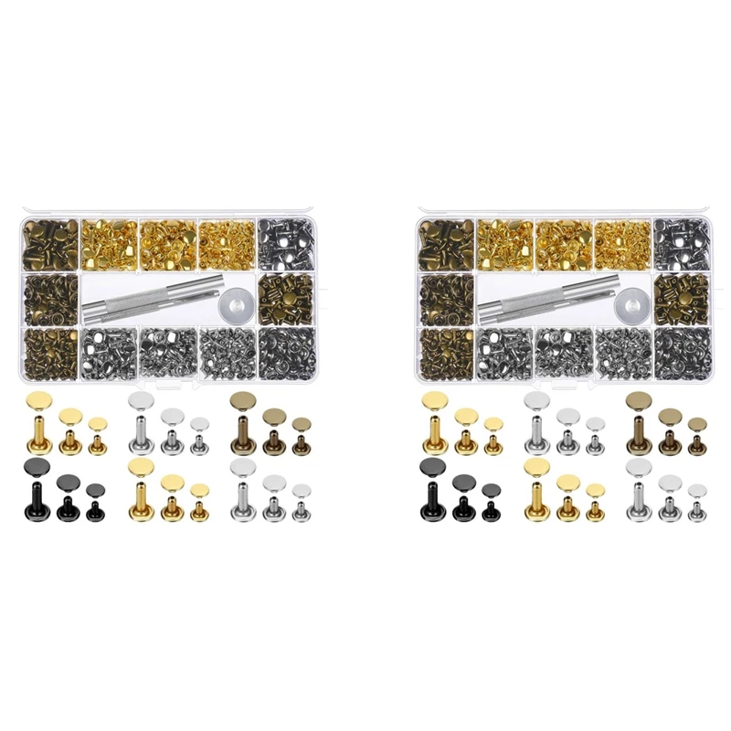 

960 Sets 3 Sizes Leather Rivets Double Cap Rivet With 3 Pieces Setting Tool Kit For Leather Craft Repairs Decoration