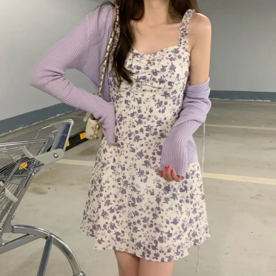 Estceuqe Two-piece Sets Vintage Printing Dresses Women Purple Floral Slip Mini Dress+Sunscreen Shawl Cardigan Sweet 2022 New