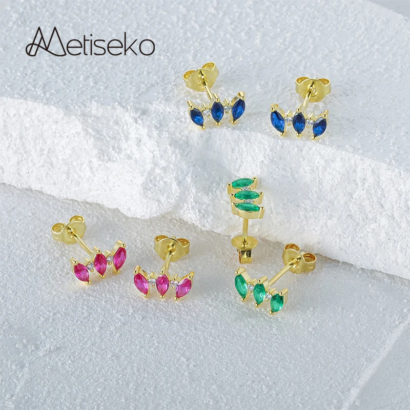 

Metiseko 925 Sterling Silver Horse Eyes Stud Earrings Green Rose Dark Blue Cubic Zirconia Distinctive Earrings for Women Party