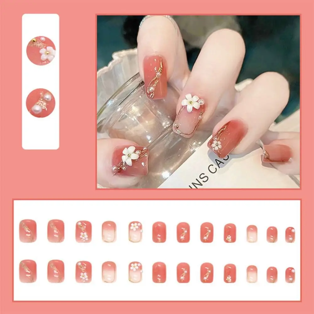 

1 Box Of Shiny Fake Nail Set Camellia Pearl Artificial Press Nail Tip Sweet Fashion Full Coverage Nail Art Sticker