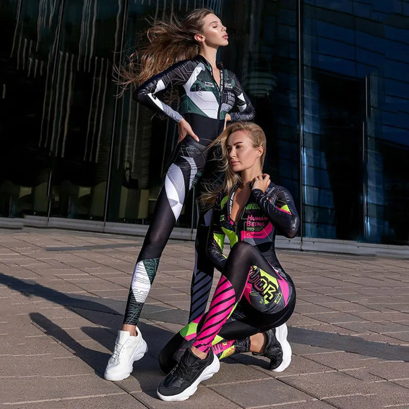 Sports Contrast Color Zipper Long Sleeve Tight Jumpsuit Female One Piece Outfits Fashion Skinny Sportswear for Women