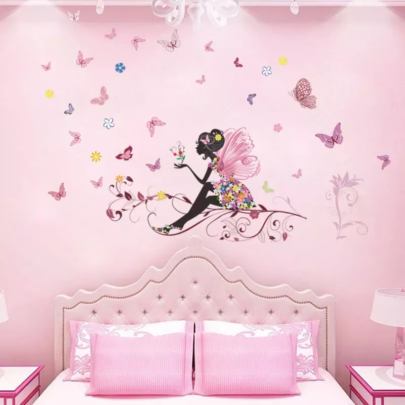 

New cartoon butterfly flower fairy 50*70cm wall stickers for kids rooms home decor diy wall decals mural art pvc posters gifts