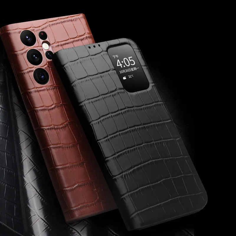 Original Qialino Genuine Leather S View Flip Cover For Samsung Galaxy S22 Ultra PLUS Crocodile Texture Window Display Smart Case
